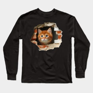 Sweet cat poking its head out from a wall opening Long Sleeve T-Shirt